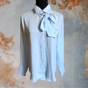 🎁Light Sky Blue long sleeve Blouse Top with bow tie detail Size Small